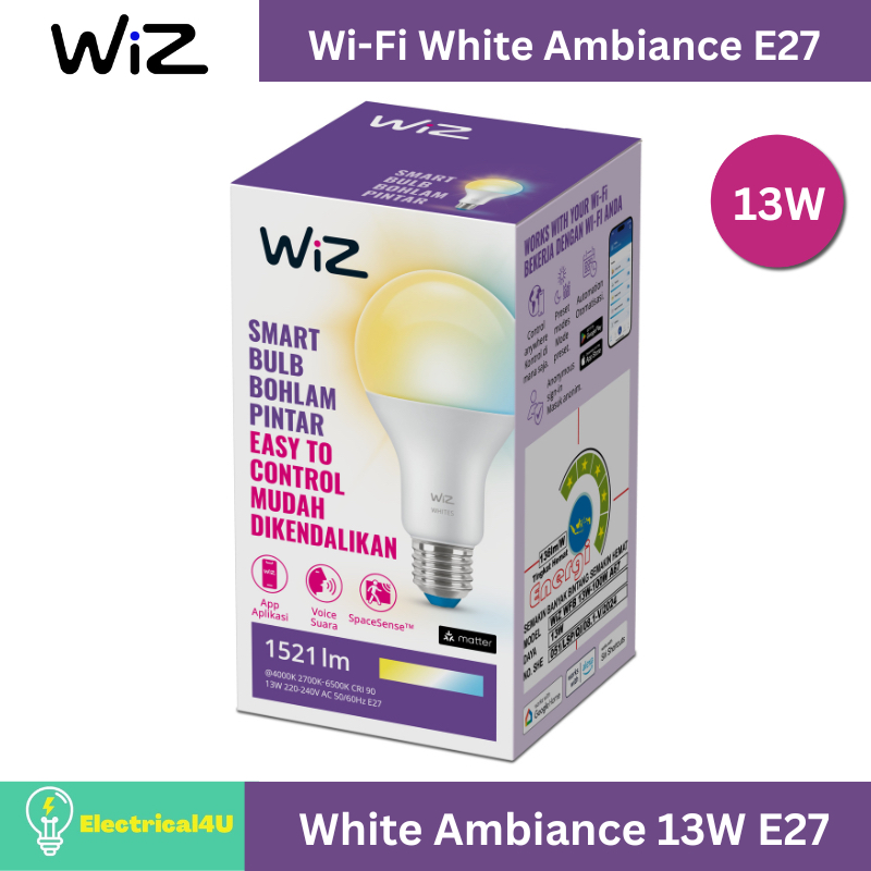 WiZ White Ambiance หลอดไฟอัจฉริยะ เปลี่ยนแสงได้ แสงขาว-เหลือง 13W ขั้ว E27