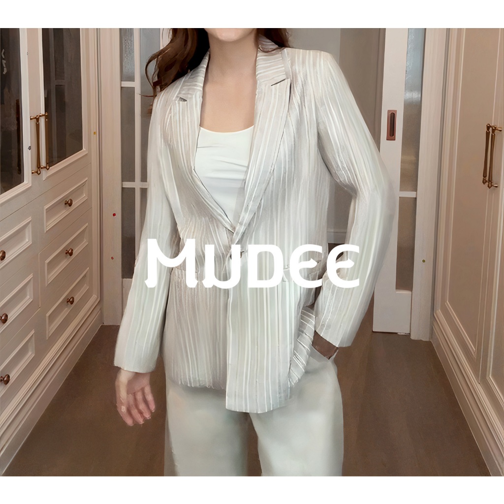 MUDEE เสื้อสูทลินิน สีกากีริ้วดิ้นทอง Blazer Linen Khaki Gold Striped