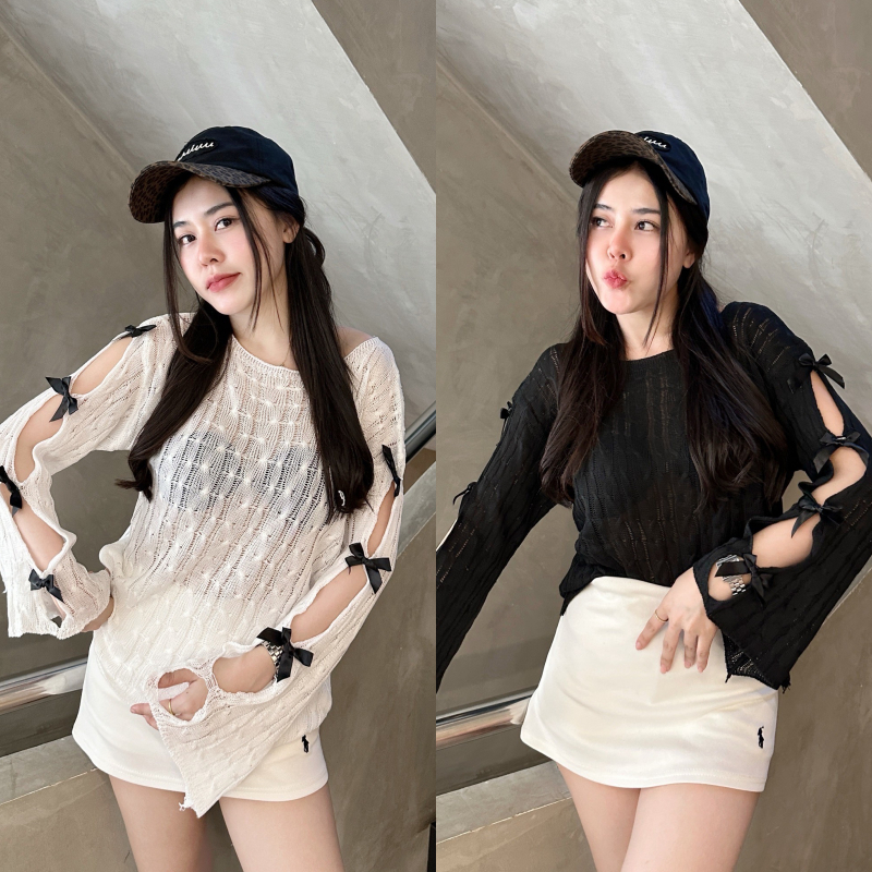 🌈SpinnyHouse🌈เสื้อคอกลม แขนยาว แต่งเว้สแถบข้าง ติดโบว์น่ารักมุ้งมิ้งมาก ผ้าไหมพรมบางทอ เรียบหรูดูแพงสุด รุ่น ไฟเบอร์