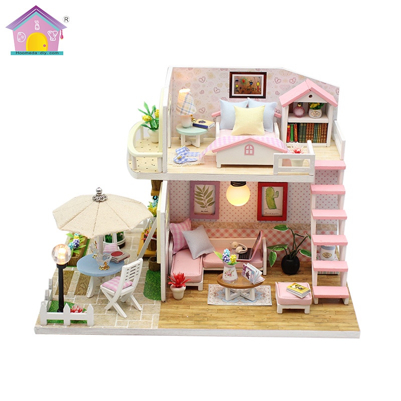 บ้านตุ๊กตา รุ่น M033 PINK LOFT ลอฟท์สีชมพู บ้านห้องใต้หลังคาพร้อมโซนนั่งเล่นOutdoor บ้านจิ๋วน่ารัก