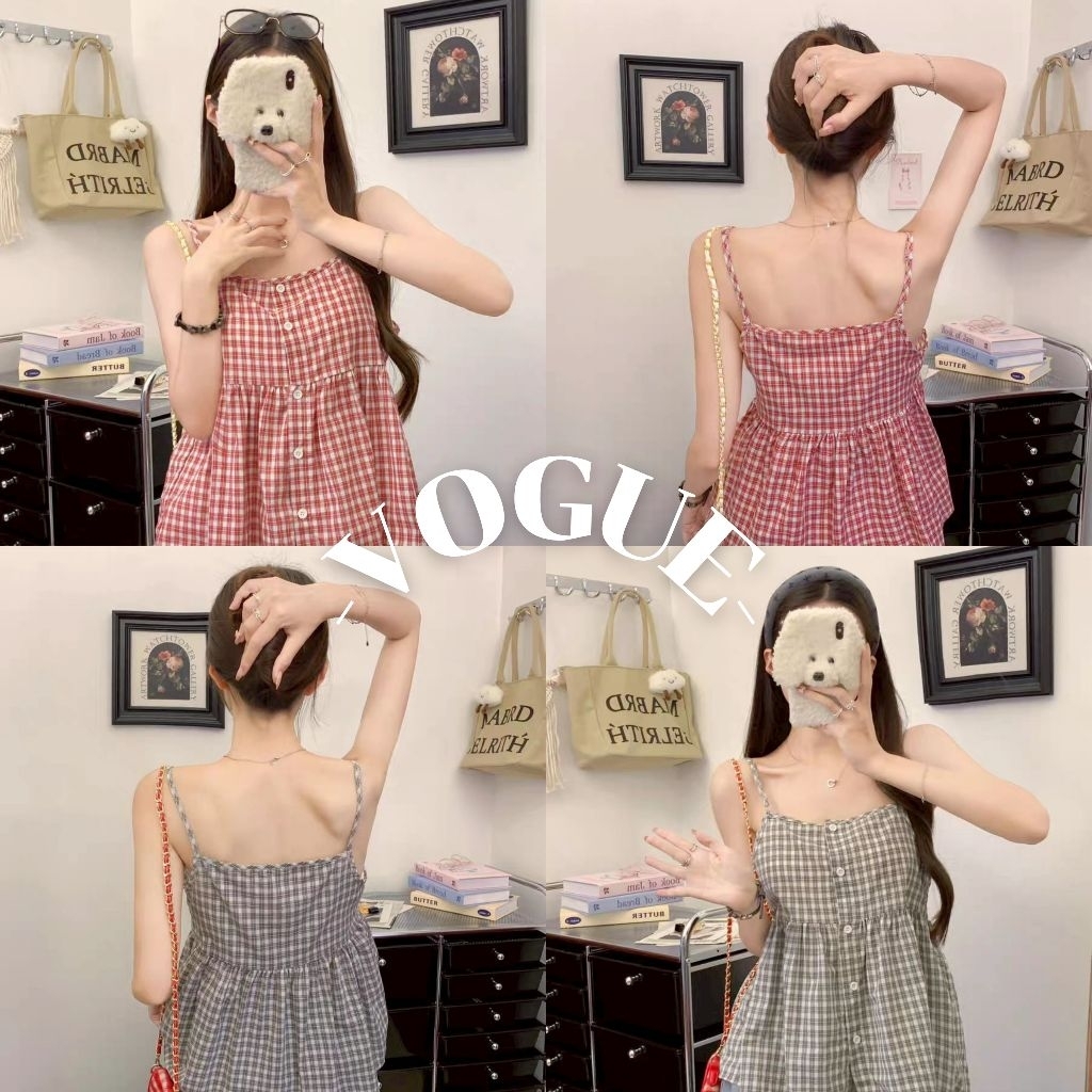 Vogue🌟พร้อมส่ง🌟 เสื้อสายเดี่ยว ลายสก็อต สีแดงดำ ทรงลวมๆปลายปล่อย (FYL5523)