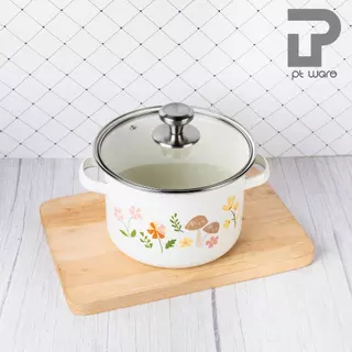 หม้อเคลือบทรงสูง ขนาด 2.8L (20ซม.) ลายเห็ด ฝาแก้ว