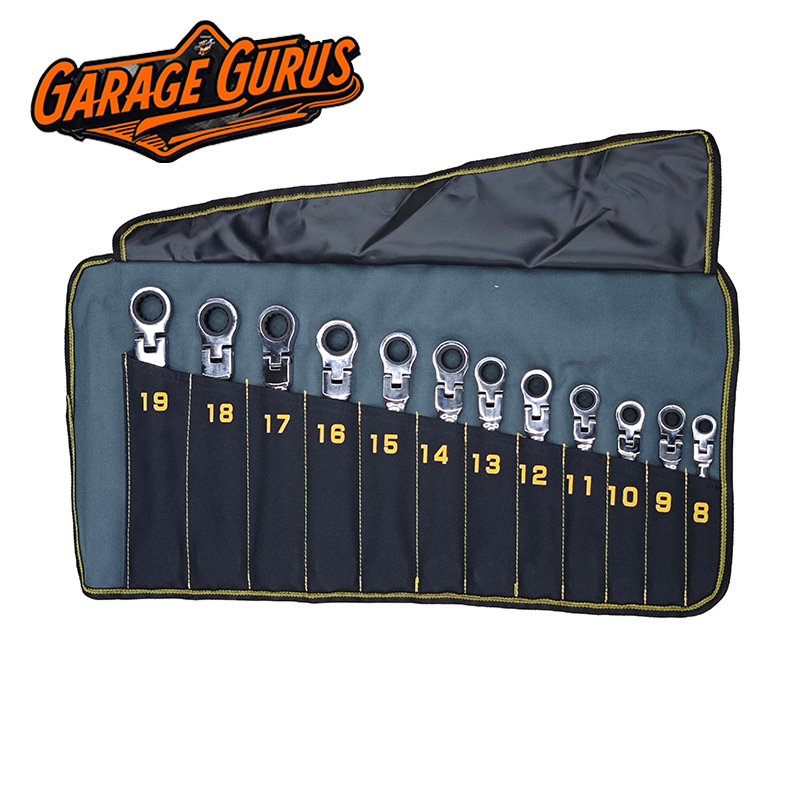 GARAGE GURUS 8-19mm ประแจวงล้อหัวยืดหยุ่น 8/12 ชิ้น ประแจก๊อกแก๊ก ประแจแหวนข้างปากตาย ชุดถุงผ้าแบบพก