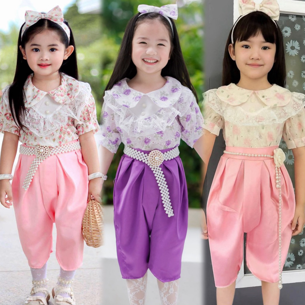 (รหัสKk)ชุดไทยเด็กผู้หญิง เสื้อคอตตอลปักฉลุลูกไม้+โจงกระเบน ชุดสวมใส่ง่าย ใส่ทำบุญ ออกงาน จะไปโรงเรียน น่ารักมากๆค่ะ