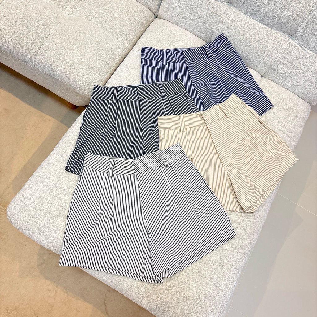 กางเกงลายริ้วขาสั้น ผ้ายีนส์ ทรงบาร์บี้ ทรงสูง กางเกงขาสั้นบาร์บี้