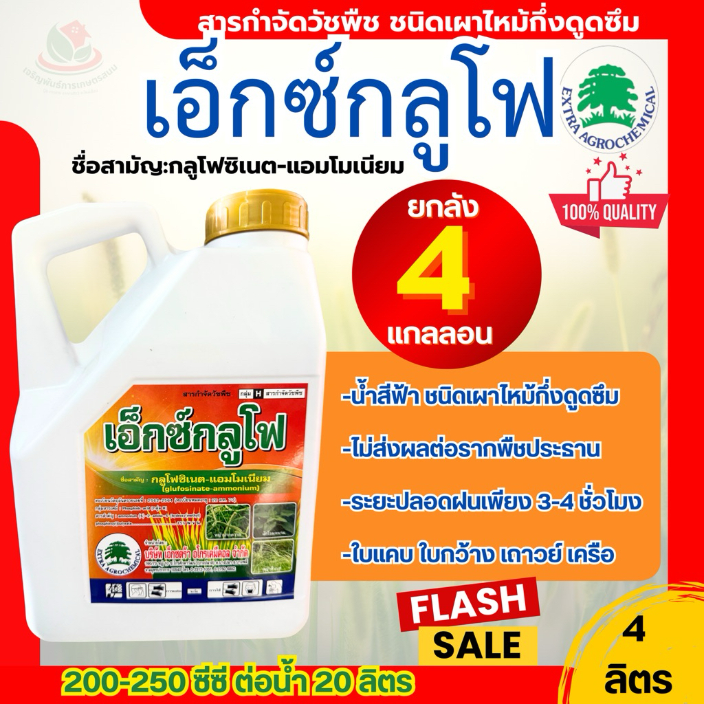 (ยกลัง 4 แกลลอน) * เอ็กซ์กลูโฟ 4 ลิตร ตราต้นไม้ กลูโฟซิเนต ฮอร์โมนพืช ใช้ในไร่ในสวน ไม่เป็นอัตรายต่อรากพืชประธาน สเ