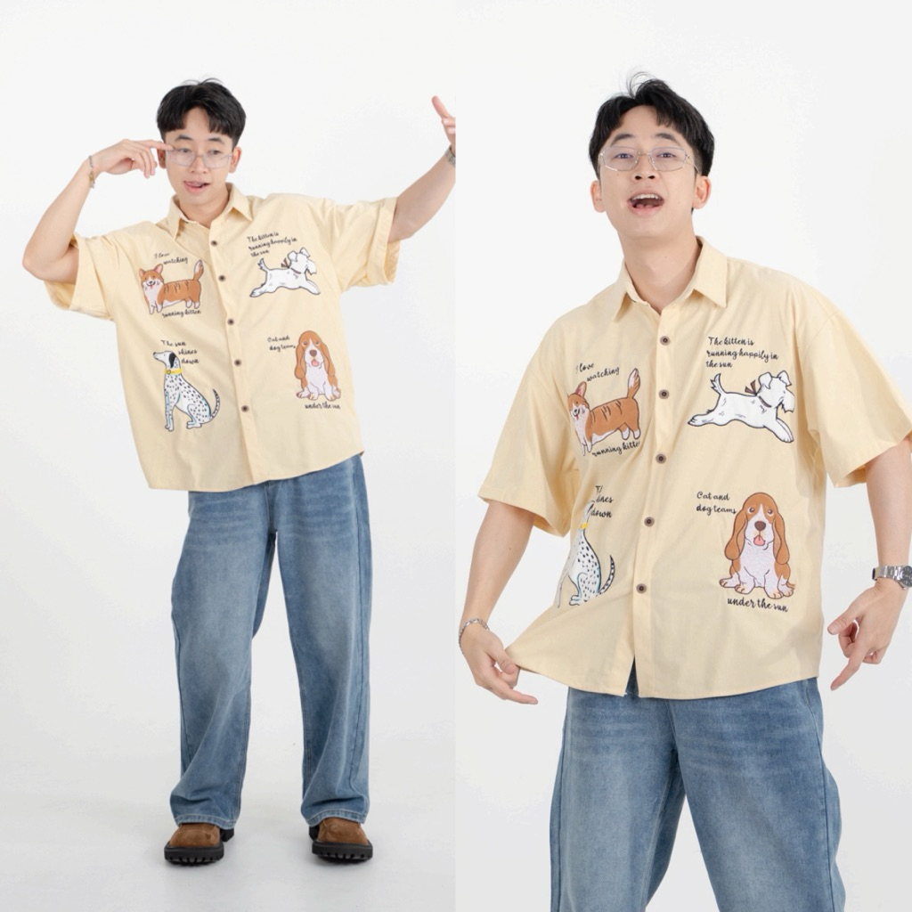 Teamcream shirt เสื้อเชิ้ตแขนสั้นทรงโอเวอร์ไซส์ผ้าลูกฟูก