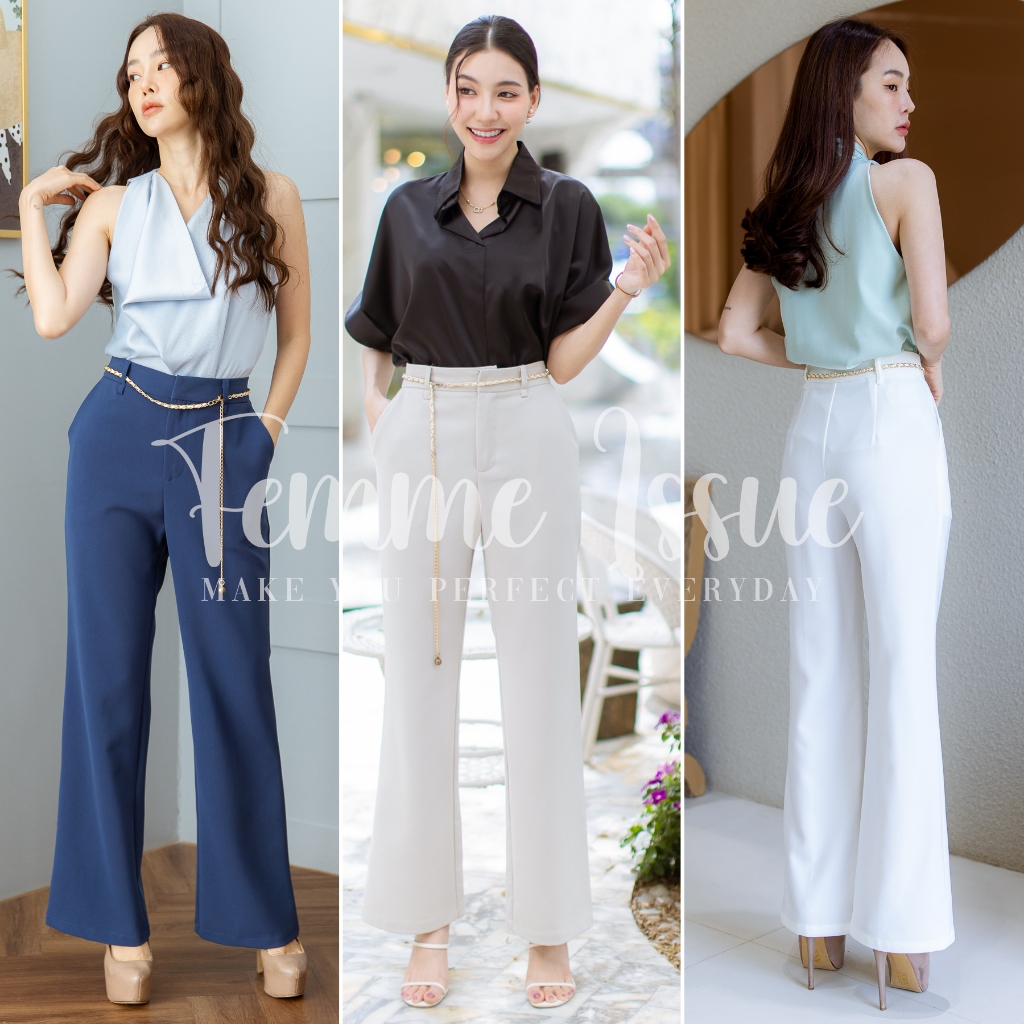 FEMME ISSUE ⭐️กางเกงขาเดฟ9ส่วนสไตล์ทำงาน ลำลอง เกรดพรีเมียม แต่งอะไหล่อย่างดี #C636⭐️  สินค้าขายดี