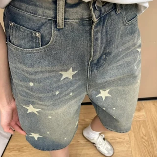 1729-NEWSIZE/XS-8XLกางเกงยีนส์สีสนิมลายดาว3ส่วนเอวกลางผ้านุ่มใส่สบายใส่ได้ทั้งชายละหญิง