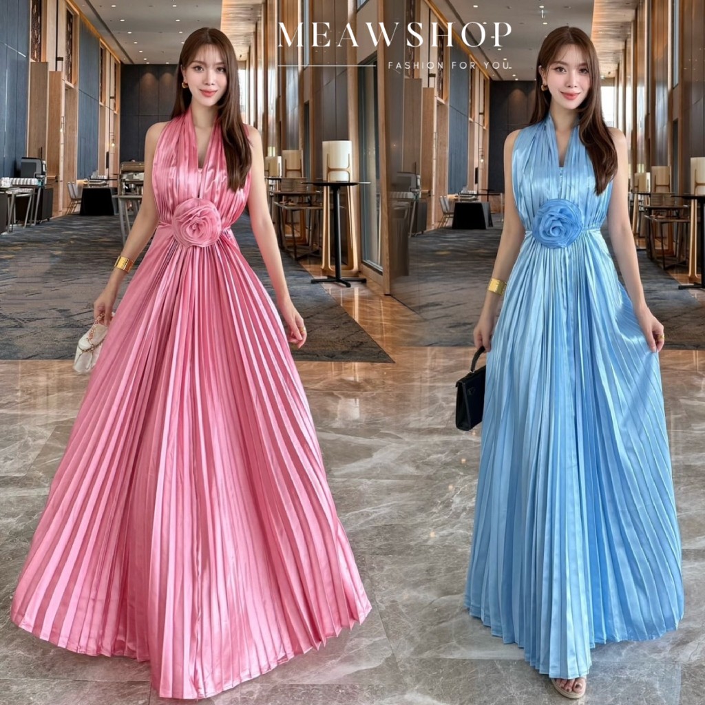 S-XL เดรสคล้องคอพลีต ตัวยาว แต่งดอกไม้ใหญ่ทรงสวย หรู ดูแพง ชุดออกงาน ชุดไปงาน ชุดไปงานแต่ง ชุดไปงานเ