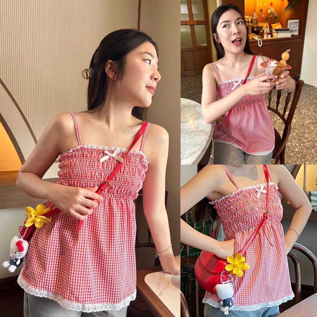 KORRA ·͜·♡เสื้อสายเดี่ยว🍒แต่งขอบลูกไม้ทั้งตัวติดโบว์จิ๋วน่ารักมากก💕ผ้าดีใส่สบาย📸