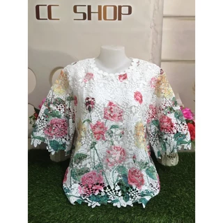 เสื้อลูกไม้ เสื้อสงกรานต์ เสื้อลายดอก พิมพ์ลายแขนสามส่วน รอบอก5205-4605