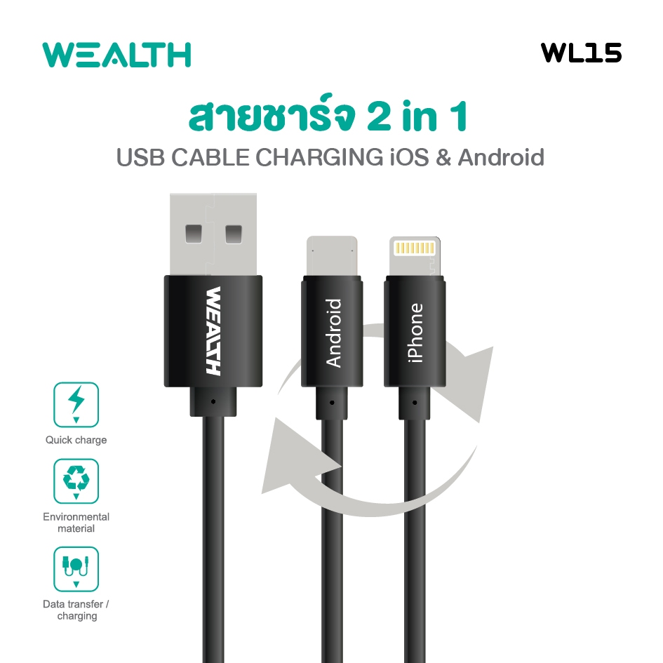 WEALTH สายชาร์จ 2in1 2ระบบ ในหัวเดียว รุ่น รุ่น WL-15 สายชาร์จเร็ว แข็งแรง ทนทาน