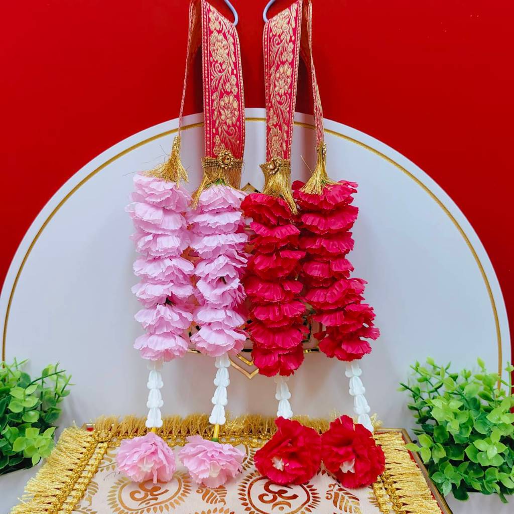 MT-FL3M พวงมาลัยดอกไม้ชมพู อ่อน บานเย็น คล้อง 2 ชาย ถวายพระแม่ลักษมี พระแม่ทั้งปวง