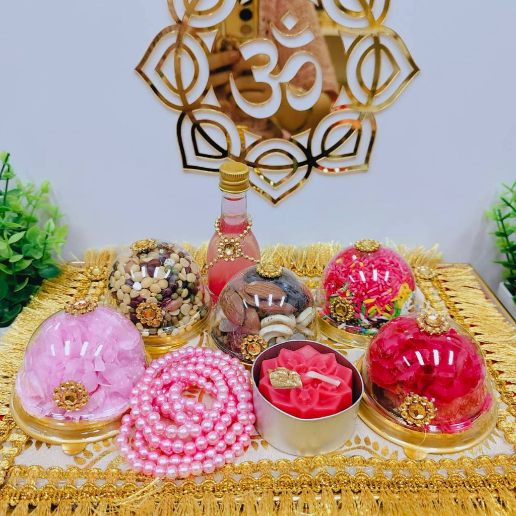 ชุดไหว้ปังมาก 9 ชิ้นเซตสีชมพู ถวายพระแม่ลักษมี พระแม่ทั้งปวง ข้าว ถั่ว ปัญจเมวา โดมดอกไม้ชมพู2 สร้อย2 เทียนบัว น้ำกุหลาบ