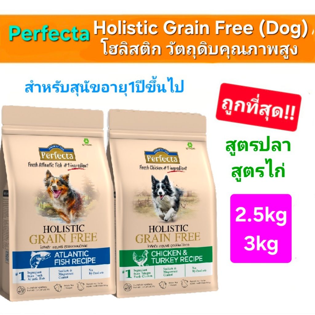 ใหม่ Perfecta Holistic Grain Free ไร้ธัญพืช Dog 2.5kg 3kg เพอร์เฟคต้า โฮลิสติก อาหารสุนัข วัตถุดิบพิเศษ สูตรไก่ สูตรปลา