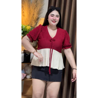 N41 เสื้อแฟชั่นสาวอวบ แต่งทูโทน แขนตุ๊กตา ผูกโบว์หน้า ชายระบาย ผ้าท้อฟฟี่ อกก่อนยืด 38