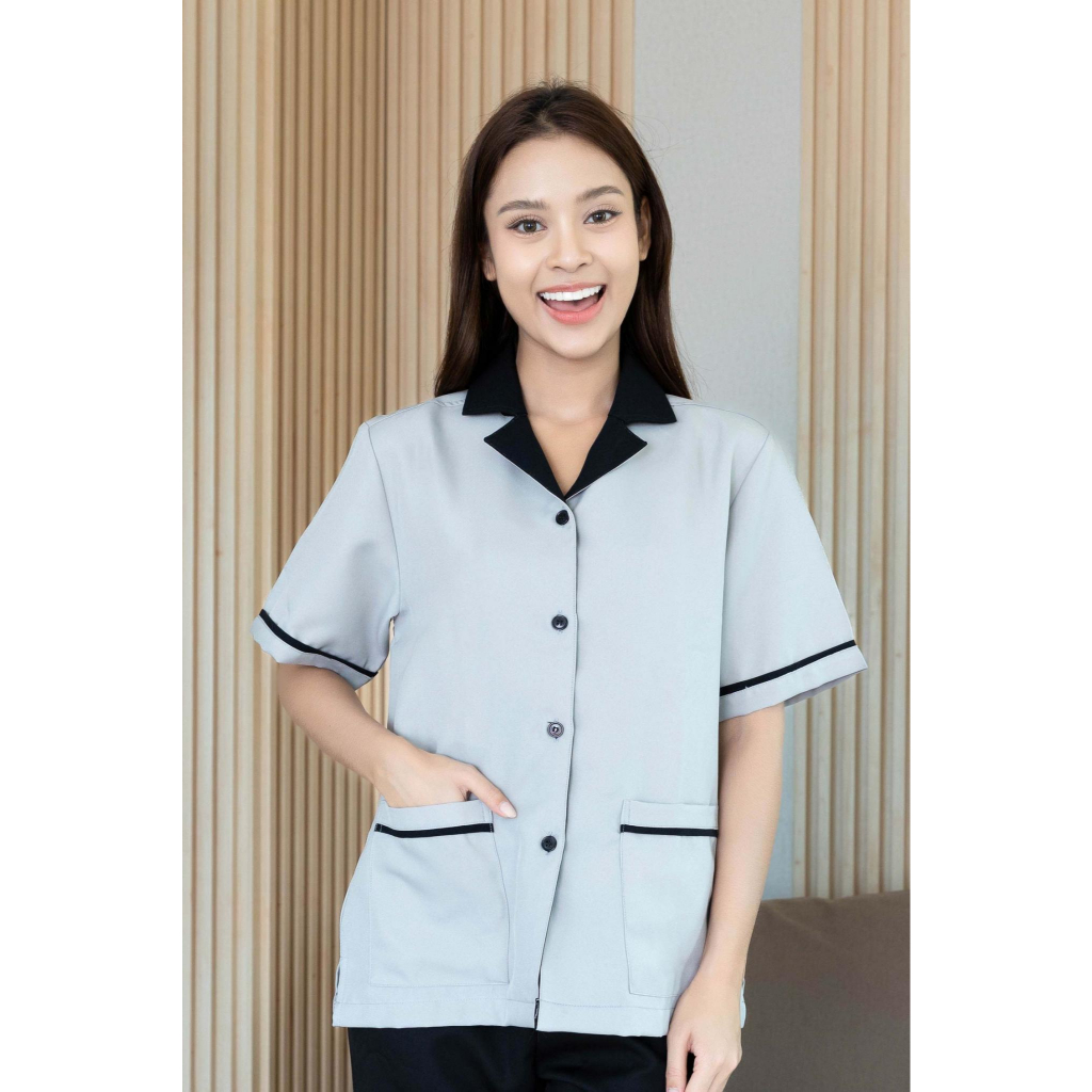 🚛🇹🇭 รุ่นขายดี! เสื้อยูนิฟอร์มแม่บ้าน คอฮาวาย มีกระเป๋า ใส่สบายคล่องตัวทุกการเคลื่อนไหว มี 7 สี S-4XL - รูปที่ 4