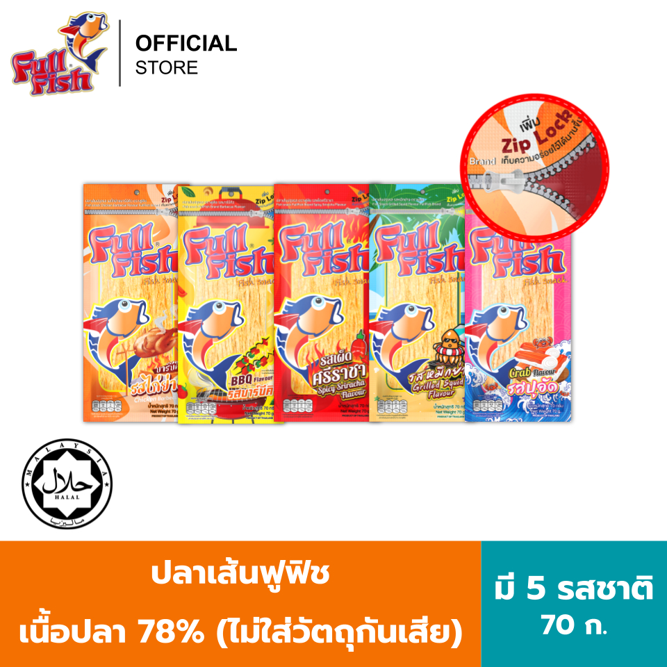(แพ็ค 12) FullFish ปลาเส้นฟูฟิช 70 กรัม มีให้เลือก 5 รสชาติ (รสไก่ย่าง, รสบารบีคิว, รสปูอัด, รสเผ็ดศรีราชา, รสหมึกย่าง) ราคา ถูกที่สุด ดีลบีเคเค แกลเลอรีภาพที่ 7