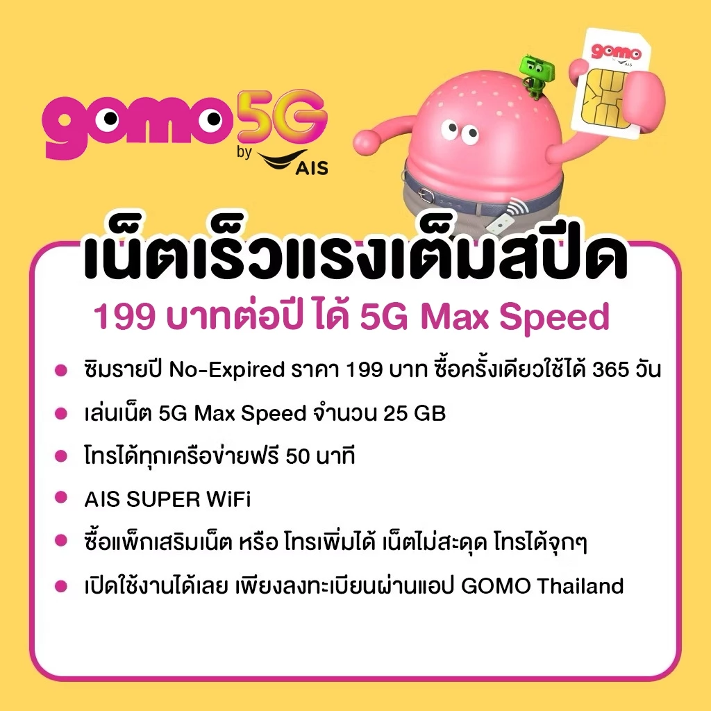 ซิมGOMO รายปี 199บาท เน็ต 5G 25GB/ปี โทรฟรี 50นาที/ปี AIS Super WiFi ไม่อั้น คุ้มที่สุด ไม่มีสัญญาผูกมัด thumbnail 3