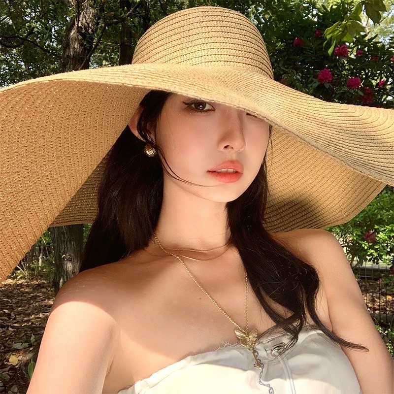 หมวกสานธรรมชาติ ปีกกว้าง 20 cm หมวกฟางชายหาด ใส่เที่ยวทะเล พร้อมส่งจากไทย