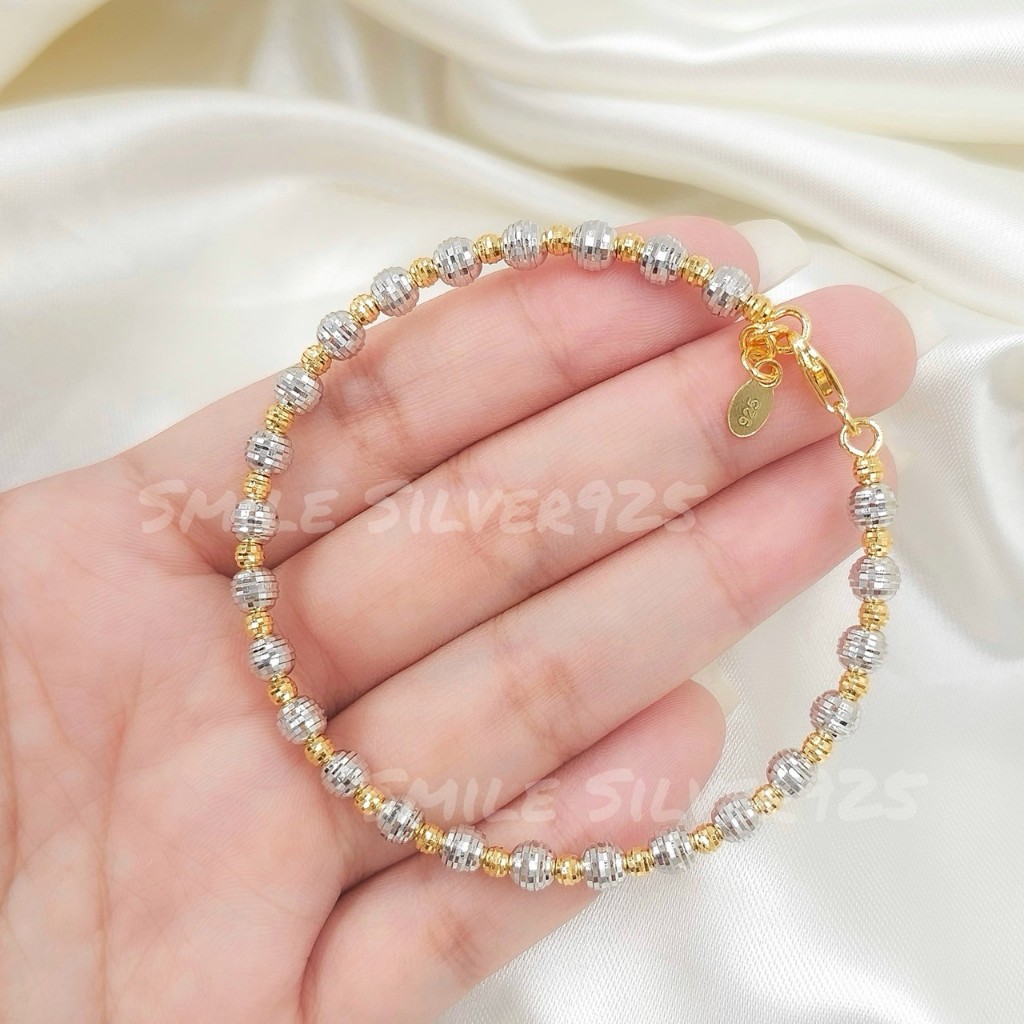 กำไลเงินแท้92.5%Italyชุบ2กษัตริย์ ลาย เม็ด Beads คริสตัล Diamonds cut ขนาด 5/3 mm.