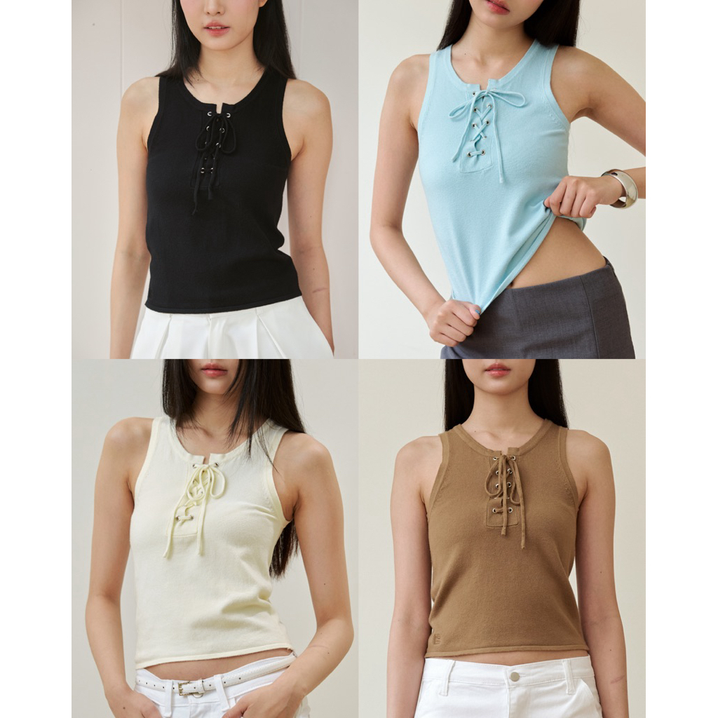 BXB - CORSET TANK TOP เสื้อกล้ามไหมพรมผูกเชือก สีพื้น(ส่งด่วน)