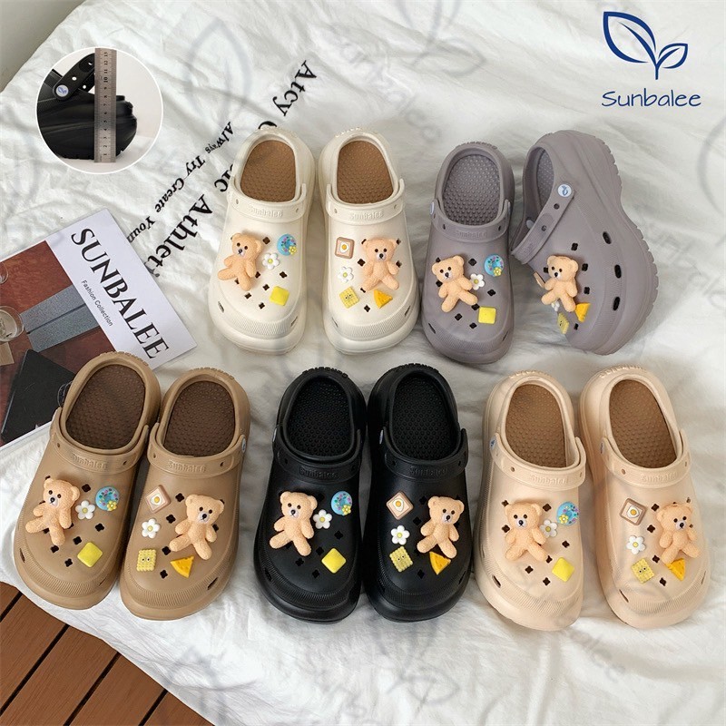 SHO-SUN8694 🧀 รองเท้าหัวโต แถมตัวติด รองเท้าแตะผู้หญิง สีพื้น เสริมส้นสูง มีสายรัดส้น วัสดุ EVA สินค้าพร้อมส่ง