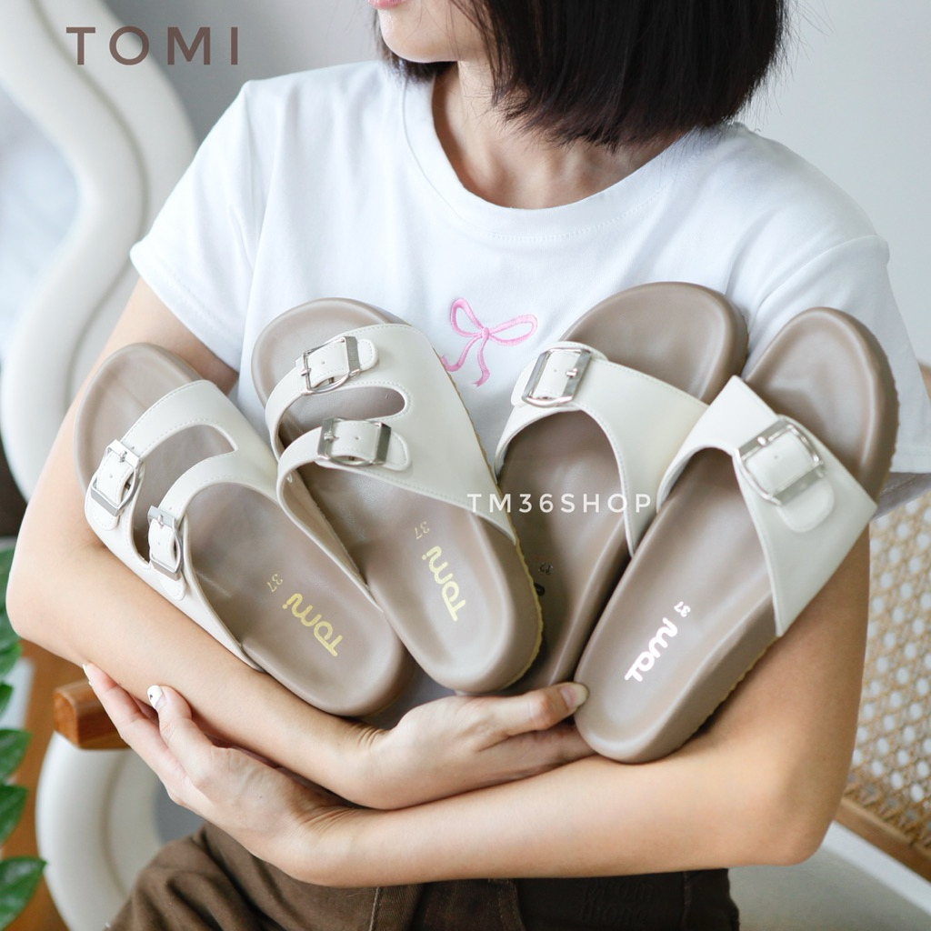 [ TOMi-"HANA"] (เท้าอวบ**+1 ไซส์) รองเท้าแตะสวม รุ่น 2 เข็มขัด ทรงคลาสสิค หนังนิ่ม พื้นนุ่ม ใส่ได้ทั