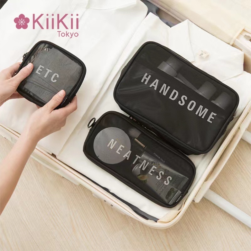 KiiKii Beauty กระเป๋าเครื่องสำอางค์ กระเป๋าผ้าตาข่าย 3 ขนาด S M L  ความจุสูง มีซิป มี จุของได้เยอะ