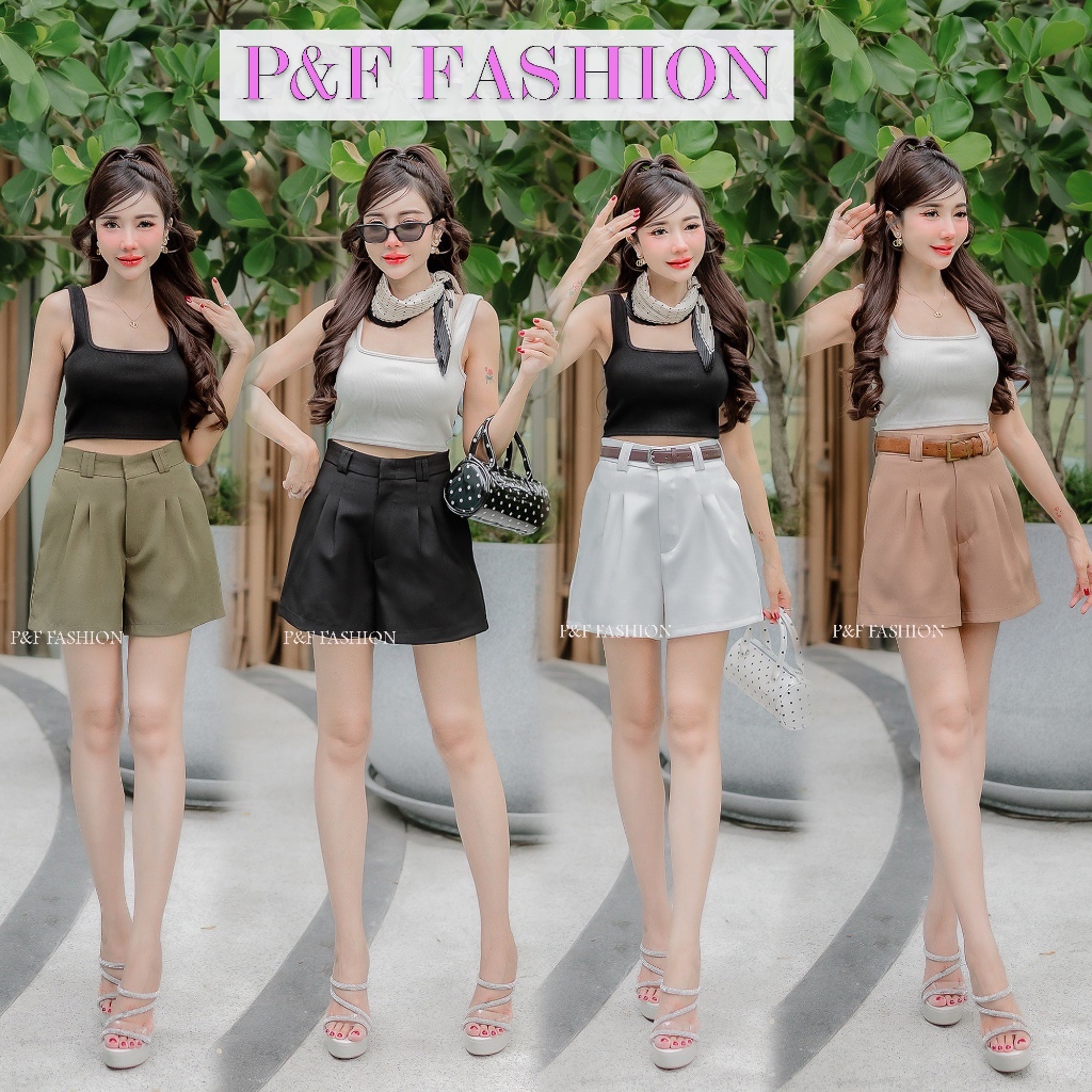 P&F FASHION PD40 กางเกงขาสั้นเอวสูง แต่งหูคู่ กางเกงขาสั้นเอวสูง ( ผ้าไมโคร ) แต่งซิปหน้า S-2XL
