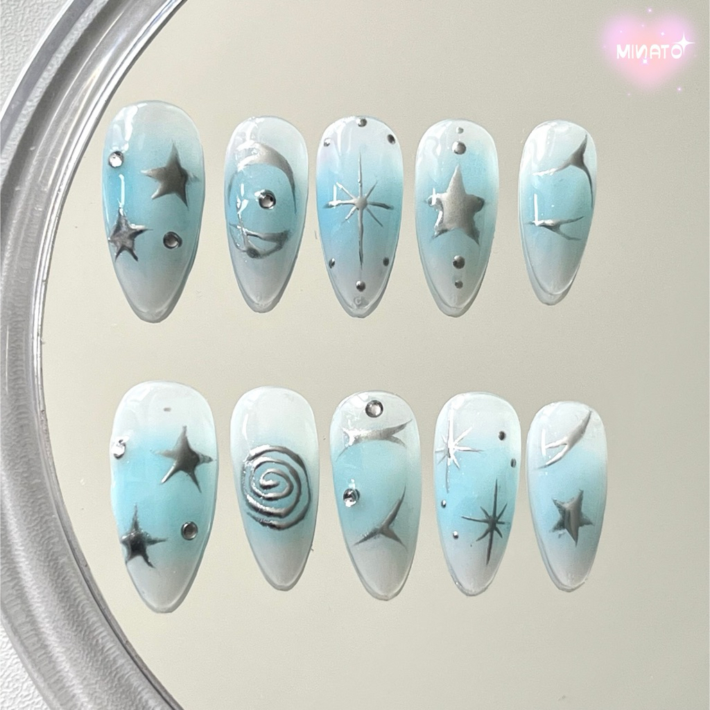 MINATO-เล็บเจลแท้ 100% แนวเท่ๆ y2k สีฟ้า แถมฟรี กาว+ตะไบ+ไม้ดันหนัง ในชุด พร้อมส่ง