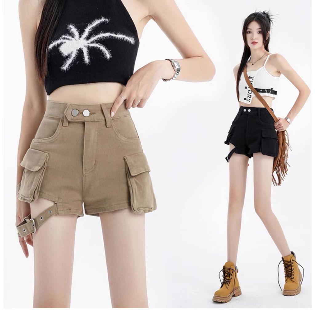 Beautified  กางเกงยีนส์ขาสั้นเอวสูงทรงเอ หลวมเมทร์ง่าย ส่งไวจากไทย#V6615