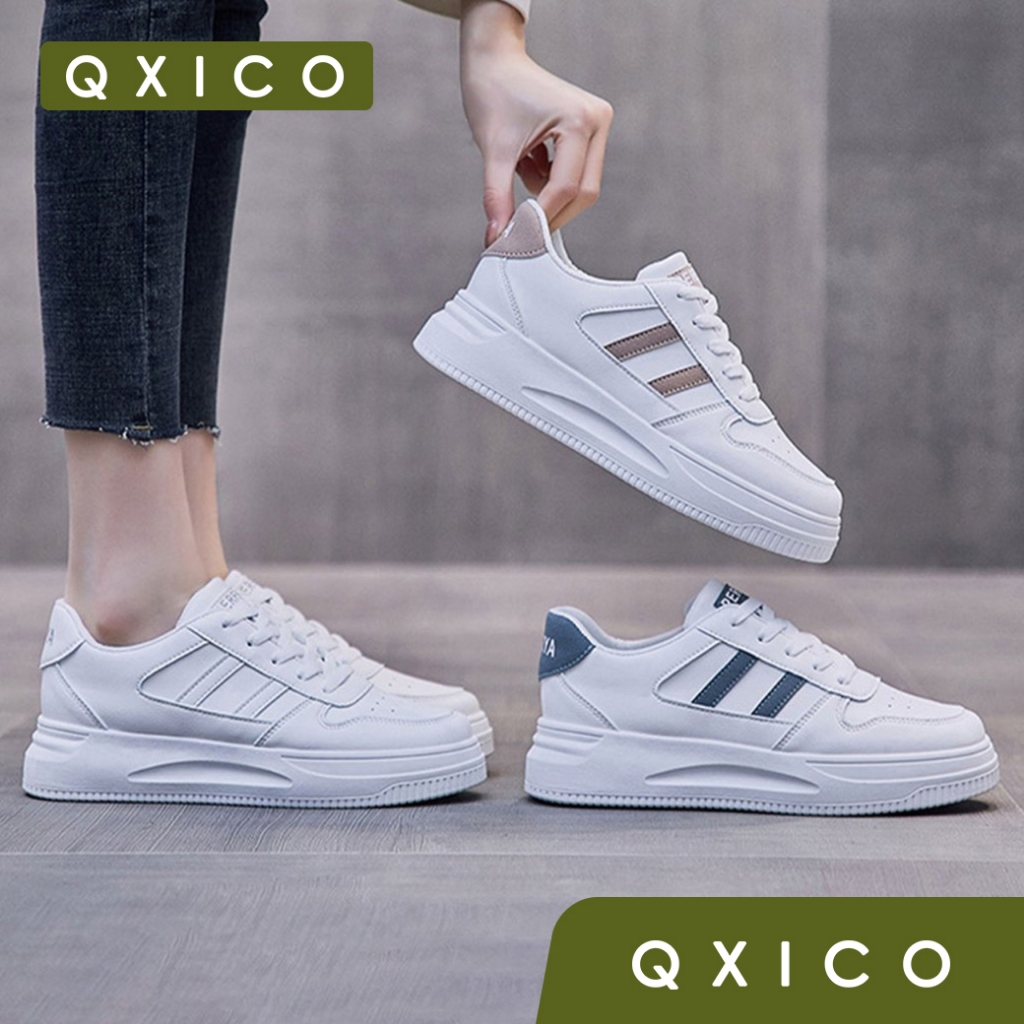 FQ141 รองเท้าหนังนิ่มสีขาวลายแถบสีด้านข้าง