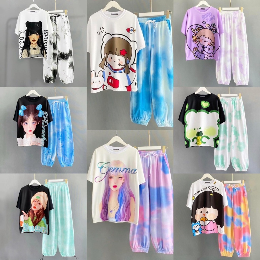SGH0147 พร้อมส่งชุดเซ็ทเสื้อ+กางเกงขายาวขาจั้ม ผ้านิ่มใส่สบาย น่ารักๆ เสื้อทรงโอเวอร์ไซส์ ผ้าคอตตอน 