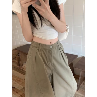กางเกงยีนส์ผู้หญิงสีคาคีสไตล์เกาหลี Trendy แบบหลวม ขา flare ดีไซน์แฟชั่น