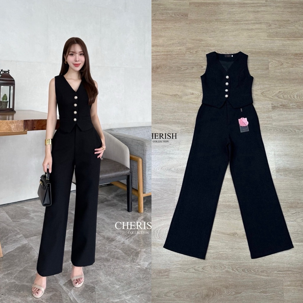 Cherish Set เสื้อ+กางเกง ผ้าทวิตเนื้อนุ่ม เกรดพรีเมียม ตัวเสื้อครอบพอดีเอว แต่งกระดุมหรู แมทกางเกงเอวสูง