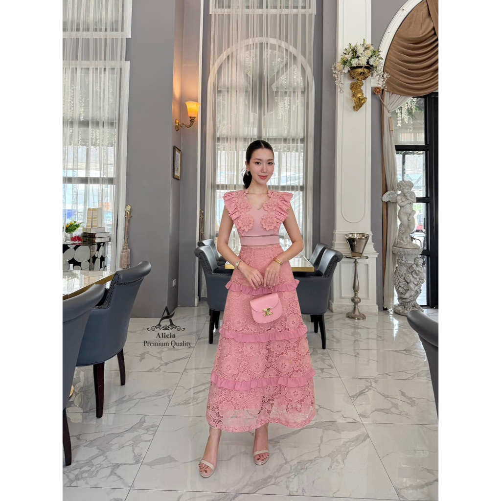 ABG233 ABIGAIL BRAND ชุดเดรสยาวคอวี ผ้าลูกไม้ทั้งตัว [2PM]