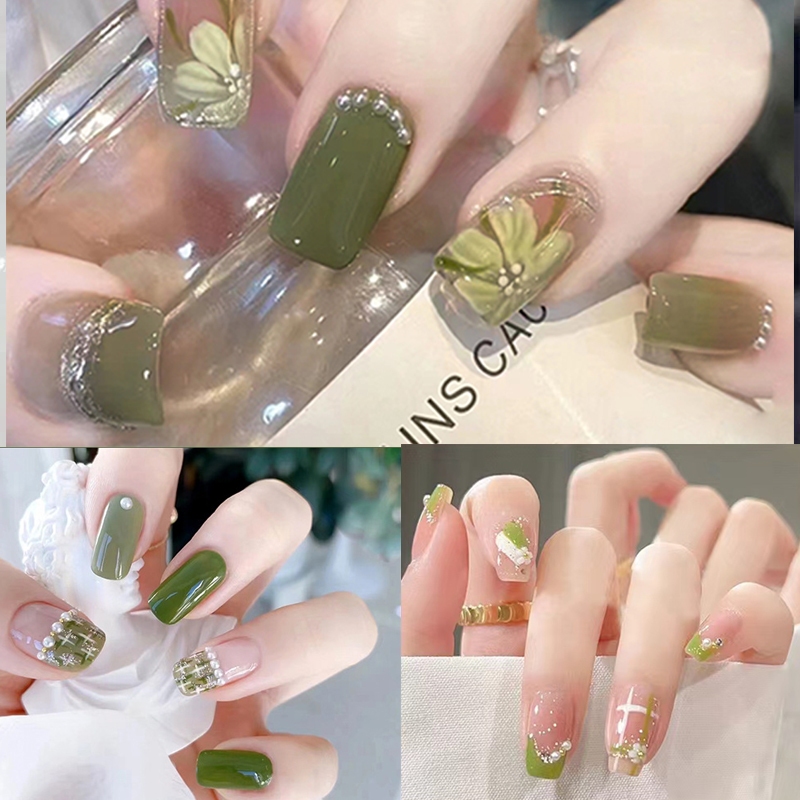 3Dเล็บปลอม24ชิ้น สแควร์มัทฉะ สีเขียวเล็บปลอมสั้น【สินค้าใหม่】