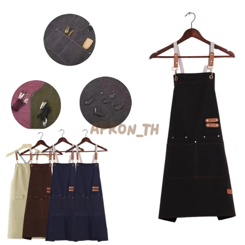 [222]กันเปื้อน ผ้ากันเปื้อนกันน้ำ Apron ผ้ากันเปื้อนฟรีไซค์ คนอ้วนใส่ได้ ผ้าแคนวาส ผ้านิ่มกันน้ำ งานคุณภาพ