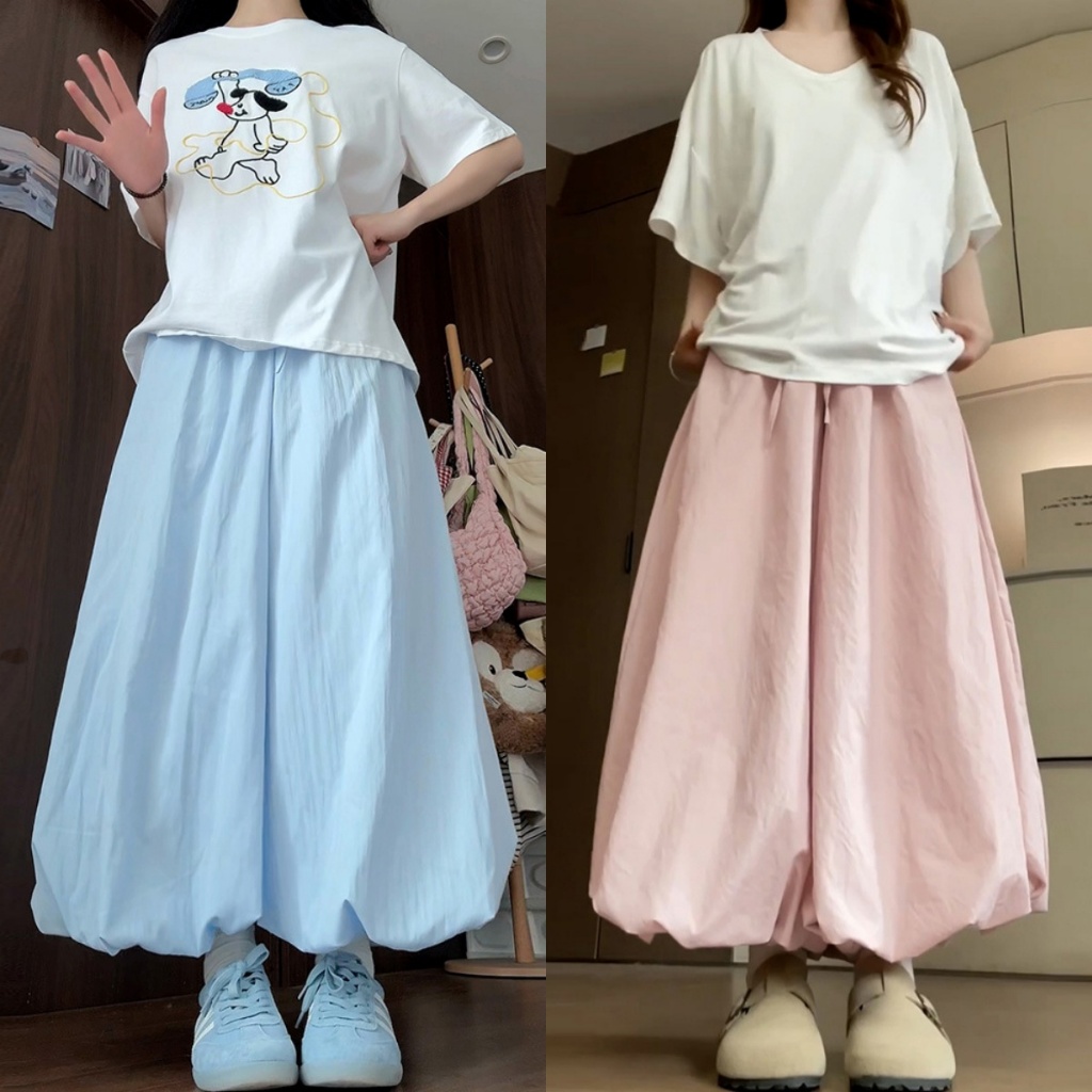 Blossom Closet🌷กางเกงลำลองเกาหลี กางเกงพองผู้หญิง เอวสูง น่ารัก ทรงหลวม