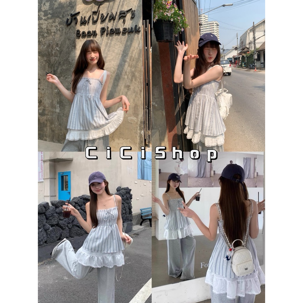 Cicishop(Y6325) สายเดี่ยวสม็อครอบตัว ดีเทลลายริ้วตัวยาว สายปรับได้ แต่งเลเยอร์ 2 ชั้น ใสๆสไตล์เกาหลี