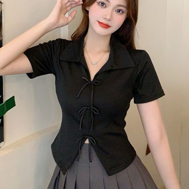 เสื้อยืดแขนสั้นสีดำปกโบว์สำหรับผู้หญิงในฤดูร้อนปี หวานและเผ็ดร้อน เสื้อตัวบนอเนกประสงค์และเข้ารูป
