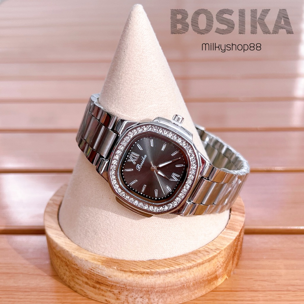 (M54) นาฬิกา BOSIKA รุ่นใหม่ล่าสุด หน้าปัดทรงเหลี่ยมมน ล้อมเพชร ระบบควอช สวยหรู  ( 5 สี )