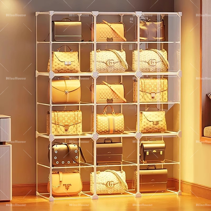 WISE ตู้โชว์กล่องแสดงโปร่งใส ตู้เก็บกระเป๋า 4/6/8 ชั้น กล่องโชว์กระเป๋า แสดงผลกันฝุ่นตู้เก็บของ แข็งแรงทนทาน