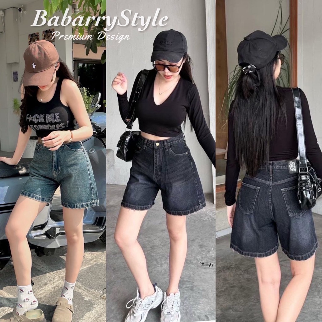 Babarry On Street - กางเกงขาสั้น (Short Denim) ผู้หญิง เอวสูง ผ้าไม่ยืด ทรงสวย เท่ห์มีสไตล์