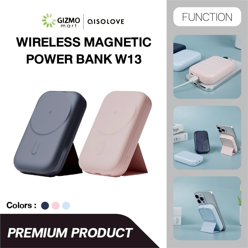 AISOLOVE รุ่น W13 Wireless Magnetic แบตสำรอง พกพา 10,000 mAh มีขาตั้งพับได้ ชาร์จไร้สาย สี ชมพู ฟ้า 