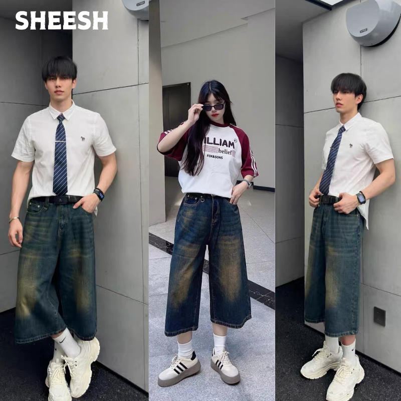 SHEESH-กางเกงยีนส์ขาสั้น beggy jeansผู้ชาย  3 ส่วน สีดำ/สีน้ำเงินเข้ม ทรงกระบอก ขากว้าง  สไตล์อเมริกา ย้อนยุคS-3XL