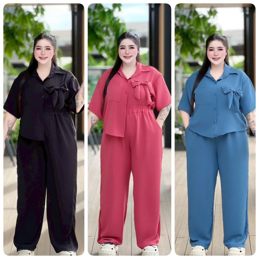 ชุดเซ็ทคอปก ติดโบว์ งานเก๋น่ารัก  ใส่เที่ยว ใส่ทำงาน  เหมาะสำหรับสาวไซส์พลัส