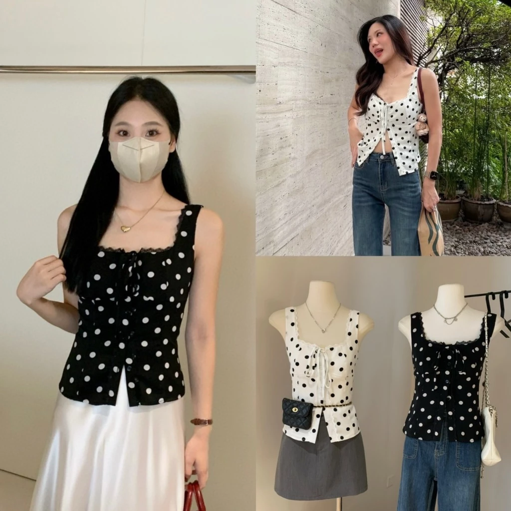 (พร้อมส่ง) เสื้อแขนกุดลายจุดรุ่น 5974 TAG WG.WE 🇰🇷